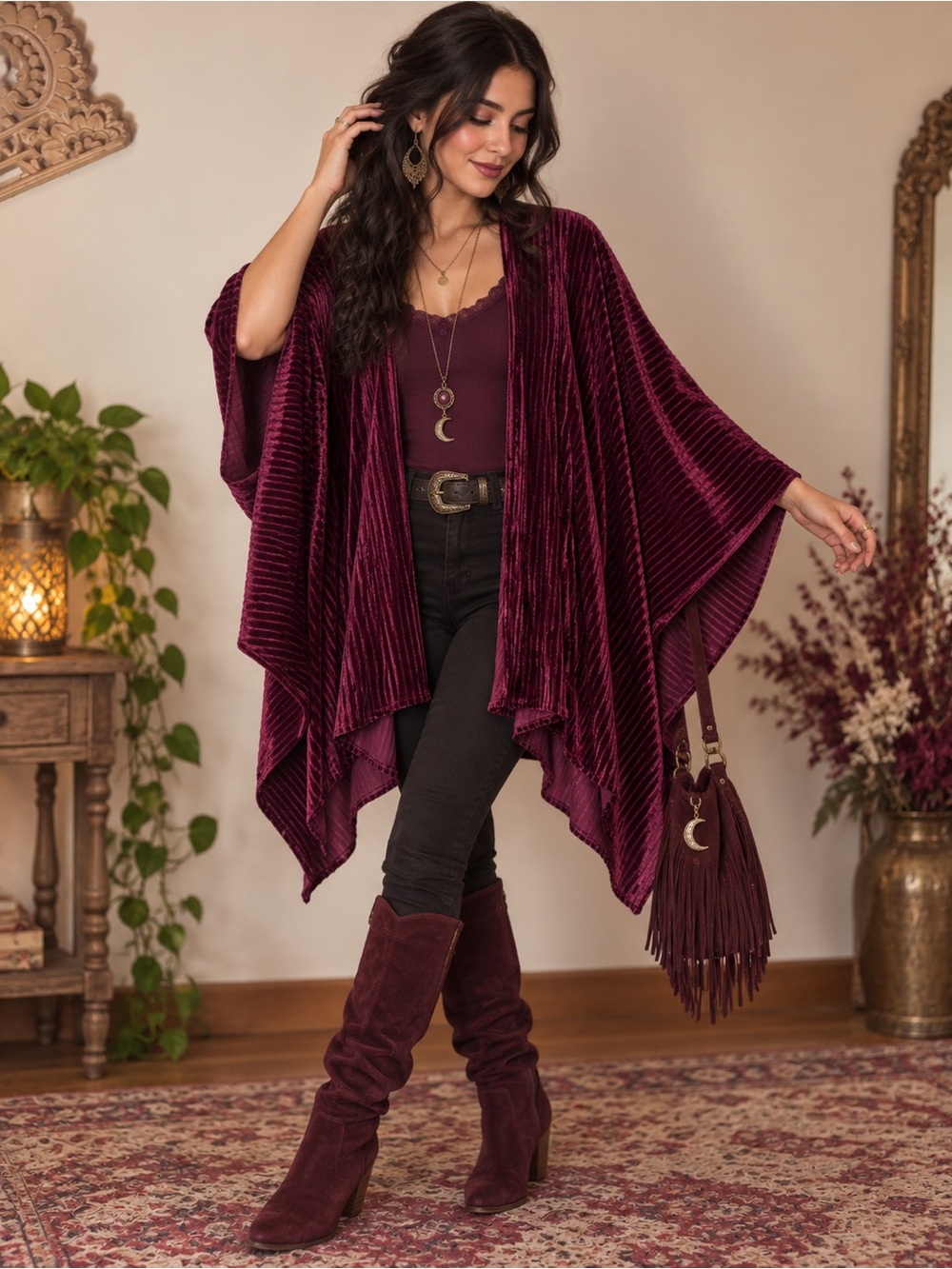 Women’s Open Front Velvet Kimono - Burgundy